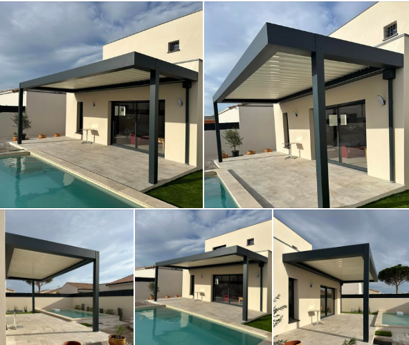 professionnel pour l'installation d'une pergola bioclimatique 4X8 aluminium gris chez un client de Béziers dans l'Hérault