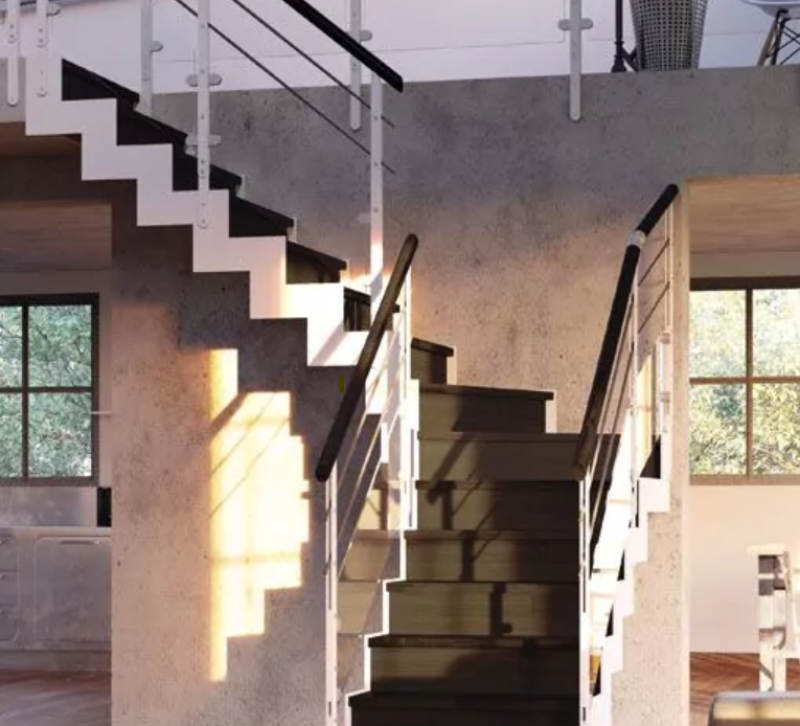 Escalier bois sans contre marche 2 quarts tournant avec une rampe tout métal à Orléans dans le Loiret